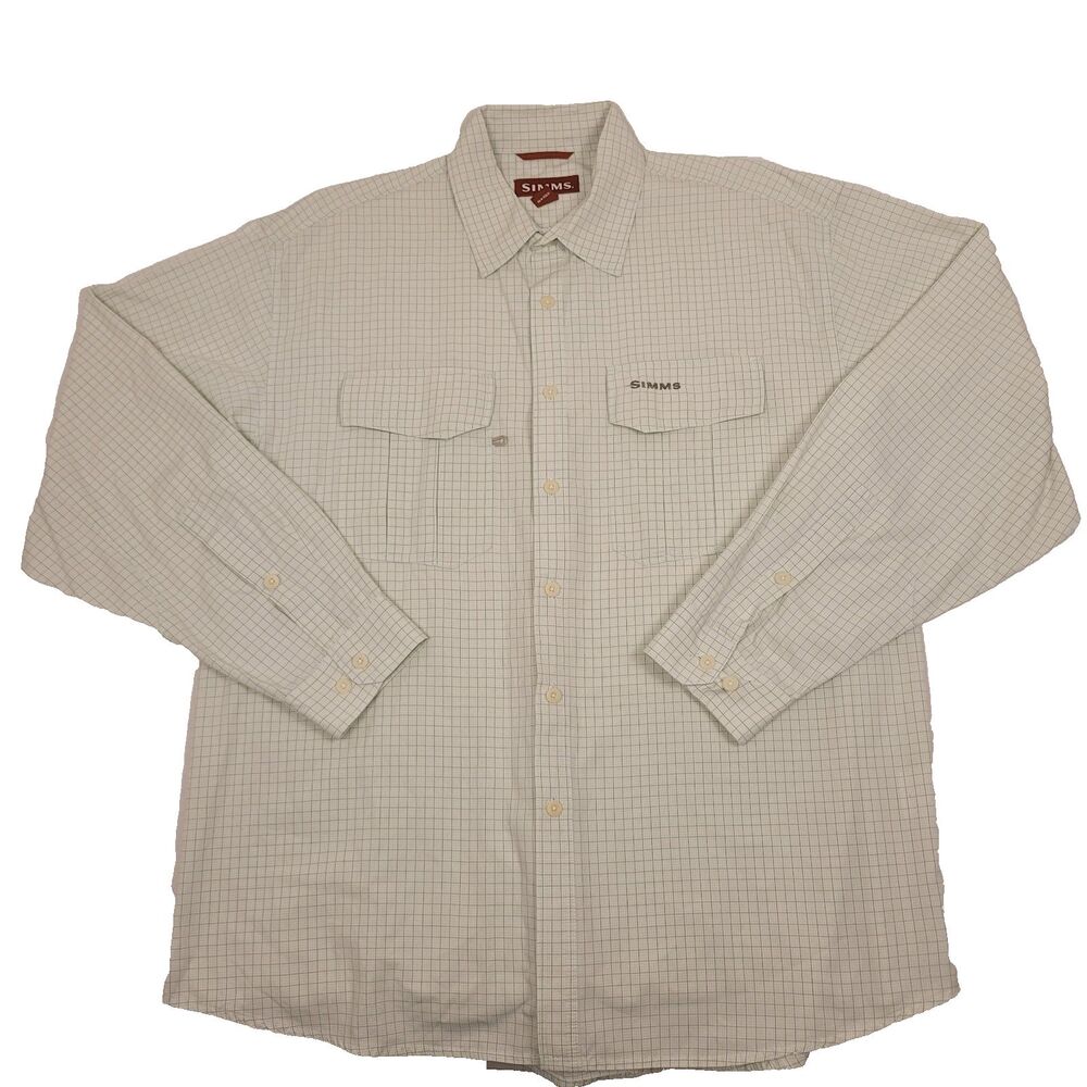 Simms Fishing Shirt Mens XL Green Check Button Up Long Sleeve Vented Utility
